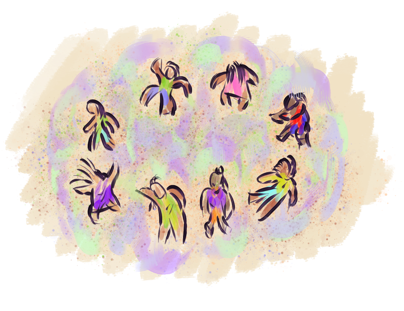 ilustración colorida de mujeres diversas en cuerpas y tonos de piel en un círculo moviéndose en comunidad.